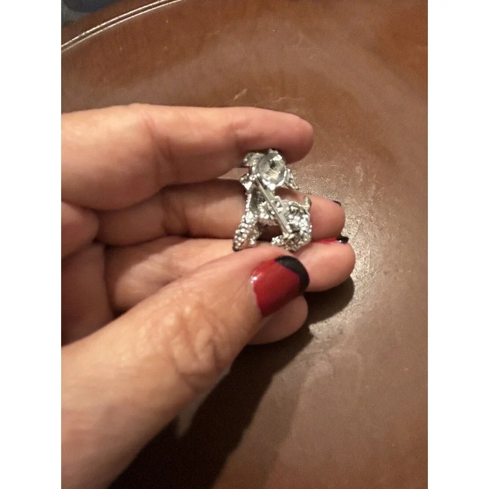 Unmarked‎ Silver Tone Lamb Pin or Brooch Red Rhinestone Eyes Blue Bow